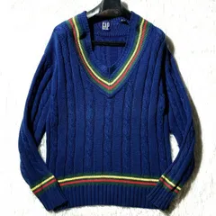 OLD GAP★90s archive★チルデン ニットセーター ケーブル 3色ライン 紺 着用感メンズL～XL位 ギャップ Y2Kヴィンテージ アイビー アメトラのサムネイル