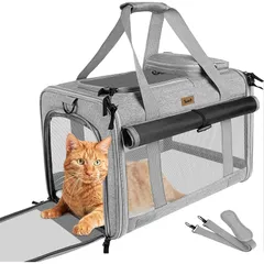 Tresbro 猫 キャリー [アップグレード版] 猫 きゃりーバッグ ロック式ダブルファスナー カーテン付きの 猫 移動用キャリー 犬用キャリーバック 変形しない 通気性 車載/旅行/通院/防災害避難用 ペットバッグ 猫用 犬用 小型犬用 手提げ ショル 1