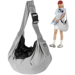 ペットスリング 犬猫兼用 抱っこ紐 小型犬 ペットキャリーバッグ 斜め掛け ソフト肩パッド メッシュカバー 飛び出し防止ストラップ付き 安全ロープ付き ポケット付き お出かけ 散歩 通院 10kgまで対応 (グレー) 0