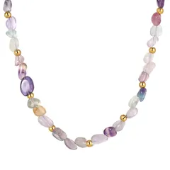 【新品】 [Rockyu] ネックレス レディース 天然石 ビーズ チェーン ステンレス 金属アレルギー対応 オレンジアベンチュリン＆フローライト ビーズデザイン 夏のリゾート プレゼント ギフトに (フローライト) 0