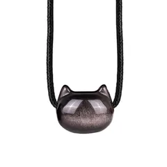 【新品】 [GUFER] 黒曜石ブレスレットネックレス お守りペンダント 自然な黒曜石 猫 ブレスレット パワーストーン メンズ レディース カップルブレスレット 長さ調節可能 (1*ネックレス-銀(necklace silver)) 0