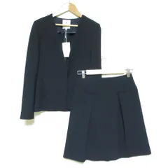 未使用 LANVIN en Bleu ランバンオンブルー ノーカラー ジャケット ひざ丈 スカート スーツ セットアップ 36 ネイビー  レディース 古着 中古 USED