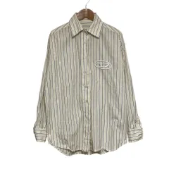 美品 DIESEL ディーゼル ロゴ刺繍 ストライプシャツ サイズ38 ホワイト イエロー ブラック レディース 古着 中古 USED