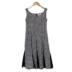 美品 Rene ルネ ノースリーブ ひざ丈 ツイードワンピース サイズ38 ネイビー ホワイト レディース 古着 中古 USED