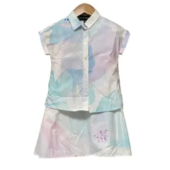 美品 EMPORIO ARMANI エンポリオアルマーニ キッズ シャツ ワンピース アンサンブル セットアップ サイズ6A ホワイト ライトブルー キッズ 古着 中古 USED