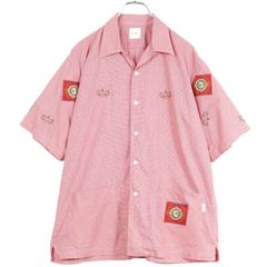 カールヘルム★刺繍&ワッペン♪ギンガムの半袖開襟シャツ サイズM 赤系 前開き 薄手 z18239