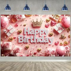 MINGTIANGH バースデー タペストリー 誕生日 壁掛け 180×120cm 写真背景 3D立体デザイン 誕生日 飾り付け パーティー装飾 タペストリー Happy Birthday 撮影壁飾り ポリエステル製 洗える フォトポスター (ピンク) 0