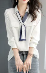 【ホワイト】ブラウス レディース ボウタイ とろみ 長袖 シャツ オフィス きれいめ フォーマル フェミニン 通勤 上品 春 秋