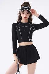 水着 レディース セパレート 長袖 ラッシュガード 体型カバー 黒 ブラック 2点セット ハイウエスト スカート お腹カバー 露出控えめ フィットネス 温泉 ビーチ プール ママ水着 20代 30代 40代 韓国 ファッション おしゃれ 上下セット 痩せ見え