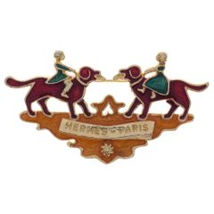 美品 HERMES ゴールド ブローチ ヴィンテージ 少女と犬 七宝焼き