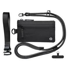 [huglist] RFID スキミング防止 パスポートケース トラベルポーチ 海外旅行 航空券収納 首掛け スマホショルダー ハンドストラップ付き 防水 薄型 軽量 メンズ レディース （ブラック×ブラックコード）