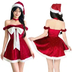 [mewin] 【日本企業】 サンタ ラインストーン キラキラ コスプレ 5点セット リボン スカート レッド セクシー 可愛い かわいい サンタクロース コスチューム レディース ドレス ワンピース (レッド) [レッド]
