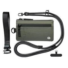 [huglist] RFID スキミング防止 パスポートケース トラベルポーチ 海外旅行 航空券収納 首掛け スマホショルダー ハンドストラップ付き 防水 薄型 軽量 メンズ レディース (カーキ×ブラックコード)