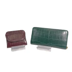 未使用  財布２点セット ワインレッド グリーン クロコダイル/レザー 財布 長財布 ミニ財布 カードケース ２点セット ユニセックス