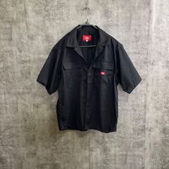 【Y-225】Dickies ディッキーズ　半袖ワークシャツ　ブラック　L相当　ロゴ　メンズ　古着