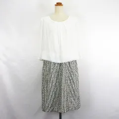 シューラルー SHOO・LA・RUE フォーマル ワンピース チュニック 七分袖 ラウンドネック ロング丈 ドッキング ツイード L ホワイト×ブラック ※EKM