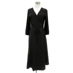 ロペ ROPE ワンピース ロング丈 長袖 カシュクール 総柄 前開き リボンベルト付き 38 M 黒 ブラック ベージュ /YS3