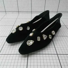 ◇ Θ メヌエ MENUE ビジュー付きベルベットフラットシューズ ブラック系 Lサイズ レディース E  【1602040005657】
