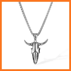 【新品】 [Rockyu] ネックレス メンズ ステンレス ロング 牛骨頭 ペンダント ヴィンテージデザイン シルバー 男性用 チェーン付き ファッション (Silver) 0