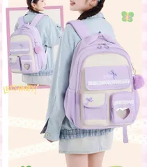【即日発送】キッズ リュック パープル 女の子 大容量 軽量 かわいい 小学生 リボン レース ハート窓付き 撥水 通学 リュックサック A4対応 多ポケット 高学年 低学年 入学 新学期のサムネイル