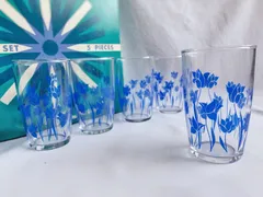 【昭和レトロ】佐々木硝子　青　チューリップ柄　ガラスコップ　5個セット【1個傷あり🩹】