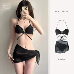 水着 レディース ビキニ 3点セット パレオ付き ブラック 黒 無地 セクシー 露出控えめ 体型カバー ビーチ リゾート 海 プール 温泉 ママ水着 20代 30代 40代 韓国 ファッション おしゃれ スイムウェア 痩せ見え