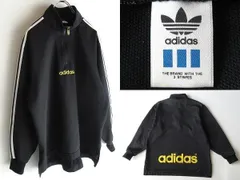 希少 90sビンテージ adidas アディダス ロゴ刺繍 トレフォイルロゴジップ ハーフジップ プルオーバージャケット ジャージ M-L 黒 ブラック