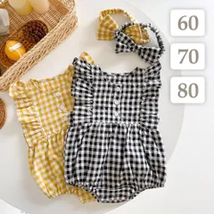 60 70 80 cm 〔 リボンチェックロンパース 〕リボン ヘアバンド チェック柄 ロンパース フリル トップス シャツ ブラウス  ノースリーブ 半袖 子供 ベビー キッズ 女の子 出産祝い ギフト プレゼント 春 夏 イエロー ブラック 黄色 黒