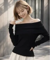 オフショルダーリブニット フラーネ系  ブラック きれいめ 上品コーデ