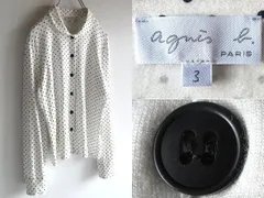 agnes b. アニエスベー ドット柄 レーヨンジャージー ラウンドカラーシャツ 丸襟 ブラウス 3 ホワイト ブラック 白黒 チュニジア製