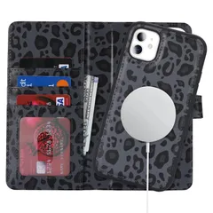 耐衝撃 マグセーフ 【分離式2in1】 手帳型 ケース カード収納 iPhone11 ワイヤレス充電対応 対応 フェイクレザー（6.1インチ対応） Magsafe -ブラック iPhone11ケース （ヒョウ柄） Ｈａｖａｙａ