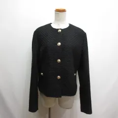 ザラ ZARA ツイード ニット ノーカラー ジャケット M 黒 ブラック ウール混 裏地付き