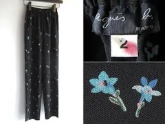 希少 80sビンテージ agnes b. アニエスベー 花柄 フラワー柄 ウエストゴム ポリエステル イージーパンツ 2 黒 ブラック 日本製 アーカイブ