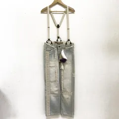 タグ付 Balcony and Bed 日本製 ヴィンテージ風 サスペンダー付きレースパッチワークデニムパンツ ボタンフライ レースベルト ライトブルー サイズ40 Lのサムネイル