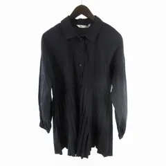 ザラ ZARA シャツ ワンピース ひざ丈 チュニック 長袖 フレアー プリーツ 紺 ネイビー XS