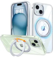 ★iPhone 15 Plus 用 Magsafe対応 ワイヤレス充電 360°回転スタンド 縦横両対応 Gunwon スマホケース iphone15 Plus 用 米軍規格 耐衝撃 半透明 マット感 マグセーフ 防指紋 リング マグネット搭載 「クリア」