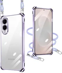 ★Samsung Galaxy S25 Edge ケース クリア ギャラクシーS25 Edge スマホケース カバー 携帯カバー 耐衝撃 全面保護 スマホケース ストラップ付き 肩掛け 斜めかけ 縄掛けケース 透明TPU レンズ保護 薄型 軽量 【パープル】