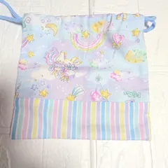 ハンドメイド巾着袋☆水色ゆめかわユニコーン×カラフルストライプ☆20×20