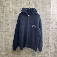 【T-187】TOMMY HILFIGER Lサイズ ジップニット カーディガン ブラック ロゴ刺繍 ハイネック 厚手 メンズ 秋冬 アウター