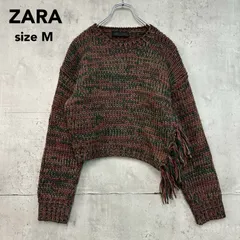 ZARA ザラ フリンジ ニット セーター クルーネック ショート丈 クロップド丈 長袖 ざっくり編み ローゲージ ミックスニット トップス ドロップショルダー オーバーサイズ マルチカラー 3653/111/330  Mサイズ ★ ◆■