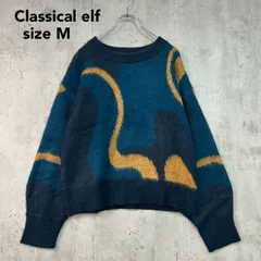 新品 未使用 Classical elf クラシカルエルフ ウェーブ柄ダブルジャガードシャギーニットプルオーバー ネイビー 紺色 総柄 ジャガード編み 起毛 シャギー素材 クルーネック 丸首 トップス セーター 長袖 ゆったり Mサイズ ★ ◆■