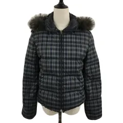 コムサデモード COMME CA DU MODE ジャケット ダウン ブルゾン スタンドカラー ジップアップ フード ファー チェック リバーシブル 長袖 9 グレー 黒 ブラック