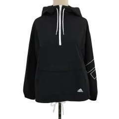アディダス adidas パーカー プルオーバー ハーフジップ スポーツウェア ナイロン 刺繍 プリント ロゴ 長袖 M 黒 白 ブラック ホワイト