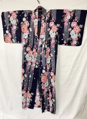 匿名配送　美品　レディース　浴衣　花柄　紺　青　ピンク　身丈161㎝　F　フリーサイズ相当　H5