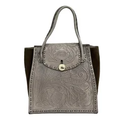 Carving Tribes(カービングトライブス) ハンドバッグ - グレーベージュ×ダークブラウン フラワー(花)/型押し加工 レザー