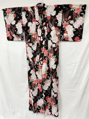 匿名配送　美品　レディース　浴衣　花柄　黒　赤　ピンク　F　フリーサイズ相当　H6