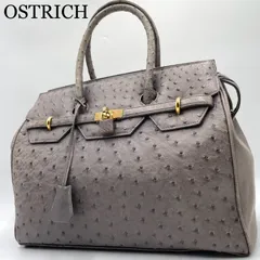 極美品✨オーストリッチ　ハンドバッグ　フルポイント　A4可　南京錠　ゴールド金具　底鋲　自立可　グレー