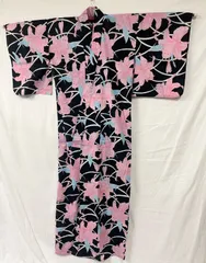 匿名配送　レディース　浴衣　花柄　百合　黒　ピンク　水色　F　フリーサイズ　　H9　難あり