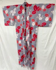 匿名配送　レディース　浴衣　ストライプ　青　白　赤　F　フリーサイズ　H12