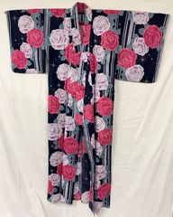 レトロ　レディース　浴衣　セット　身丈150cm　絞り柄　リップル　花柄　半幅帯 □E6699□美品□木綿□藍色 花柄 リップル 絞り風 浴衣□丈150 裄64